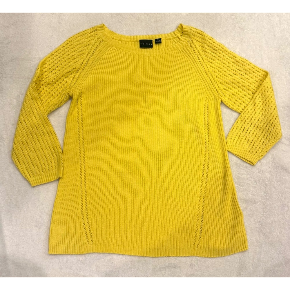Tribal‎ Yellow Cotton Ribbed Pointelle Knit 3/4 Sleeve Sweater 105430-576 XL